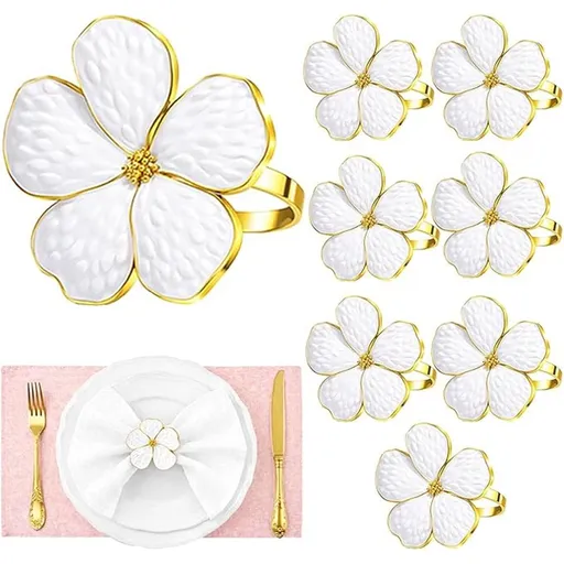 Flower Napkin Rings Set of 8 Zinc Alloy Five Petal Flower Napkin Clasp White