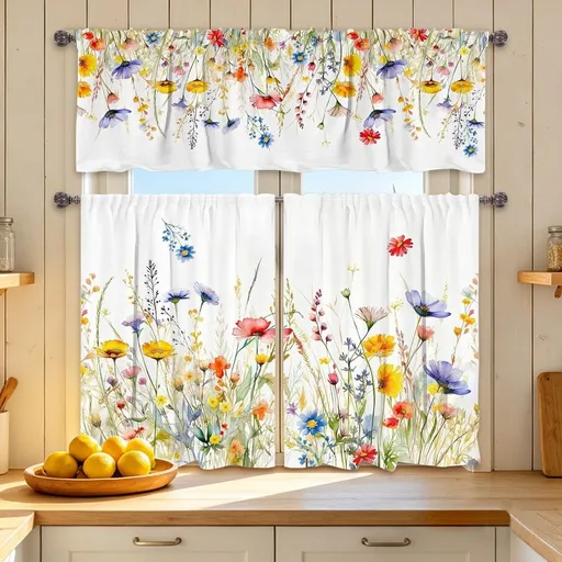 Wildflower Print Kitchen Curtain Set Waterproof Light Filtering Half Window Curtains 53.94"×17.72"&27.56"×39.37" for Kitchen Cafe Decor, Washable