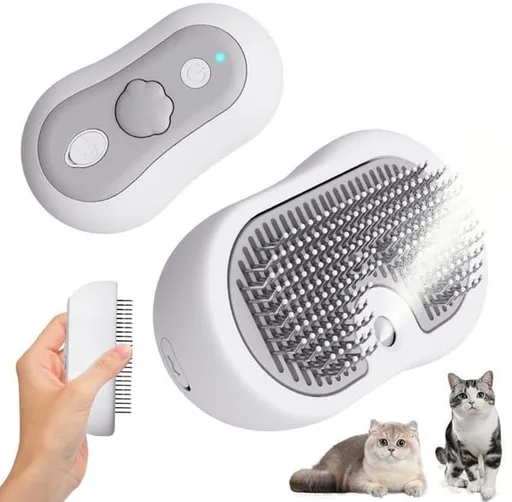 3 in 1 Steam Cat Brush, USB Rechargeable Pet Steaming Grooming Brush with Water Tank & Release Button, Self-Cleaning Massage Hair Remover Comb for Long Short Haired Dogs and Cats