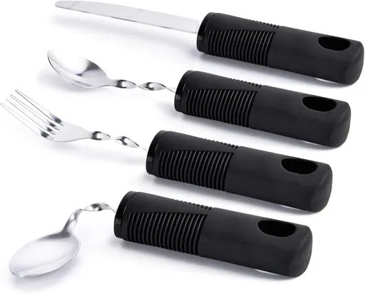 Foldable cutlery - Four-piece cutlery set - Weighted cutlery for hand tremors - Weighted silverware for Parkinson's disease patients - Arthritic hands - Stackable cutlery for adults - Adjustable cutlery - Black flexible cutlery