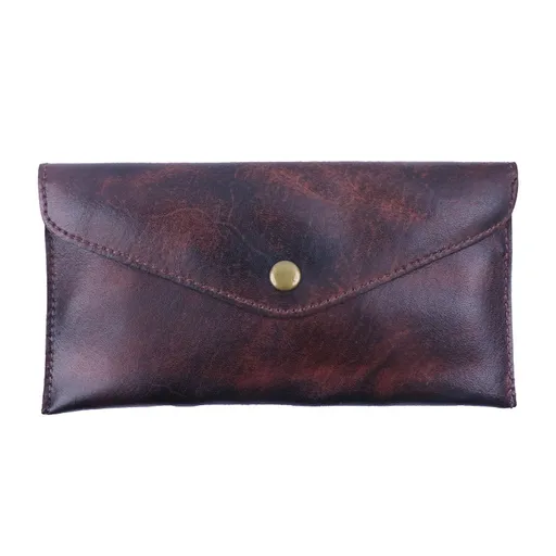 Phone Wallet Full-Grain Leather Vintage Japanese Style Slim Envelope Clutch for Women Coffee
