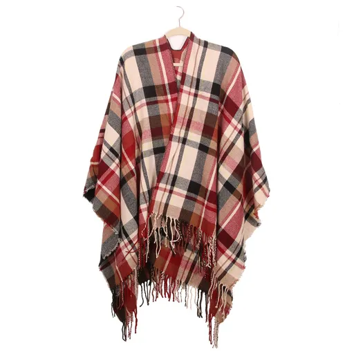 Women's Plaid Open-Front Poncho Cape – Soft Faux Cashmere Scarf Wrap with Tassel Detail (130 x 150cm)- Style A04