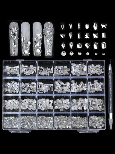 Silver Nail Rhinestones, 5380Pcs Flatback Glass Nail Charms Gems Stones, 19 Shapes of Nail Art Rhinestones Kit with Tweezers, 6 Sizes for Decoration Makeup DIY