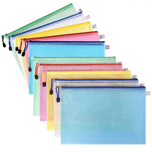10 Pieces Zipper Mesh Document Pouch, A4, Plastic Water-Resistant File Bags, for Office Supplies, Cosmetics Travel, White, 34 x 23 cm