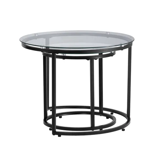 Nesting Coffee Table Set of 2, 600 mm Round Coffee Table, Glass Nesting Tables for Small Place, Modern End Side Tables Night Stand with Metal Frame, for Living Room, Bedroom, Balcony, Office