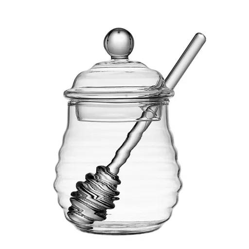 Honey Jar with Dipper and Lid Glass - Heat-Resistant 10 oz Beehive Honey Pot for Store Honey and Syrup