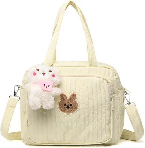 Diaper Tote Bag, 9.5inch Tote Diaper Bag with Plush Doll Pendant, Adjustable Strap & Handle, Large Mommy Bag, Portable Baby Nappy Bag, Travel Baby Bag for Mom (Yellow)