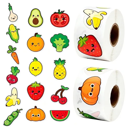 1000Pcs Cute Fruit Stickers Rolls,Waterproof Self-Adhesive Food Stickers with 16 Designs,Funny Vegetable Reward Stickers for Kids,Scrapbook,Journal and Party Favors