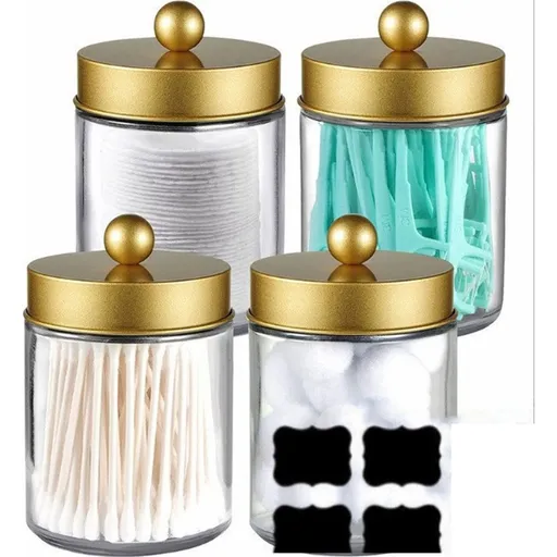 4 Pack Apothecary Jars Bathroom Vanity Storage Organizer Set -Countertop Canister with Stainless Steel Lids &Cute Stickers Dispenser Holder for Qtips,Cotton Swabs,Makeup Sponges(Gold)