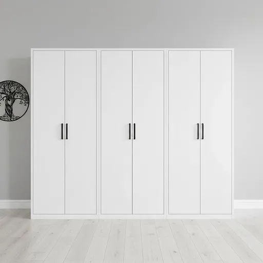 240x200cm 6-Door White Steel Hanging Wardrobe with Black Handle Storage Cabinet