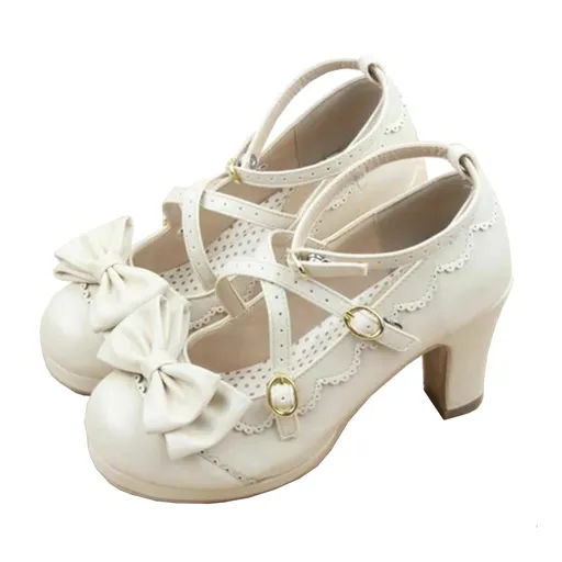 House Of Dasein Cute Lolita Buckle Heel Bow Cosplay Shoes - Black - 4.5 - Type 4