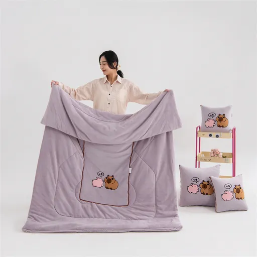 Light Pink Kapybara - 2-in-1 Foldable Car Pillow Blanket - Cozy 40x40cm Pillow, Unfolds to 100x150cm Blanket for Travel and Office Naps