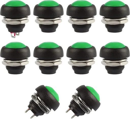 Momentary Push Button Switches, 2 Pin On/Off AC 250V/1A 125V/3A DC 12V/3A 12MM Round SPST Normal Open Pushbutton Momentary Switches (Green, Pack of 10)