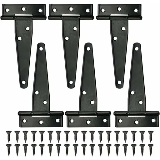 6 pcs Black T-Hinge Barn Door Hinge 4 Inch Exterior T-Hinges With 36 Screws Iron Door Hinges Heavy Duty Hinges For