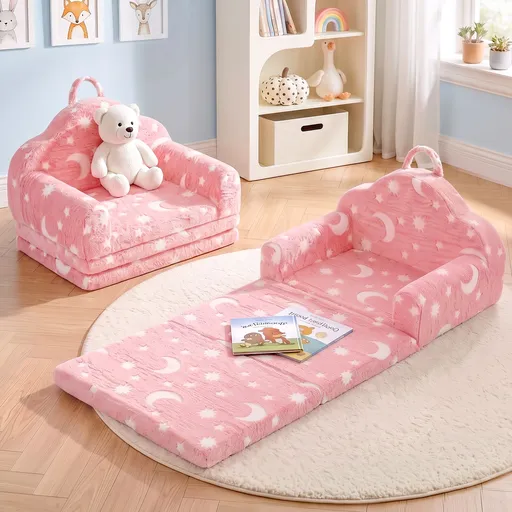 Keezi Kids 2-in-1 Fold Out Sofa Bed with Removable Washable Cover, Carry Handle, Storage Pocket, Glow in the Dark, Pink