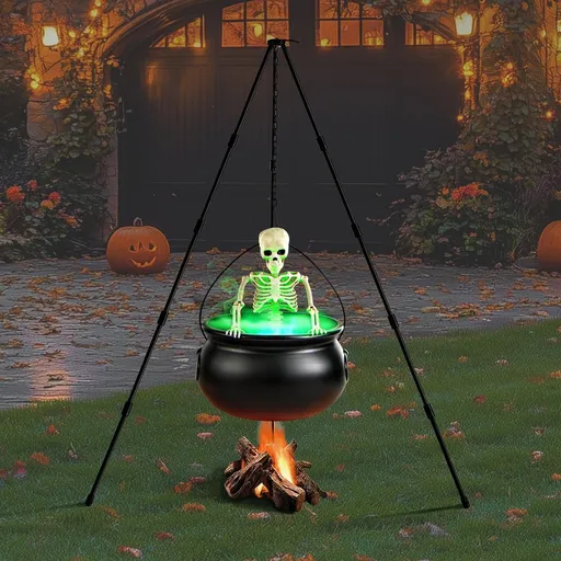 Halloween Outdoor Decorations Witch Cauldron Tripod Stand Fog Machine With - Black - Size 78cm