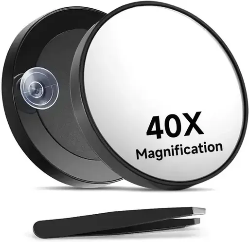 40X Magnifying Makeup Mirror with Suction Cup Mount and Precision Tweezers for Close-Up Grooming, Skincare and Travel, Black