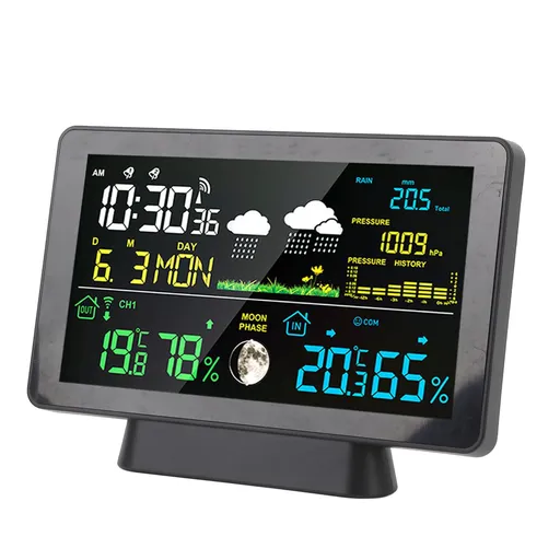 Digital Weather Clock Home Wireless Indoor Outdoor Temperature Alarm Clock 7.5in Color Display Forecast Station with Rain Gauge EU Plug
