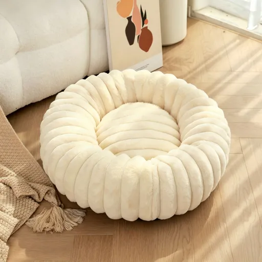 High‑Grade Rabbit Fleece Cream Yellow 70cm Round Pet Bed | Christmas Home‑Style Rest Gift | High‑Density Long Plush Round Cat Dog Cushion Nest
