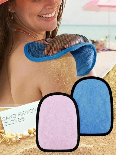 2-Pack Beach Sand Remover Gloves – Holiday Essential for Family Beach Trips, Double-Sided Bathing Gloves for Sand Removal, Spa Massage, for Water Sports & Ocean Activities(blue+pink)