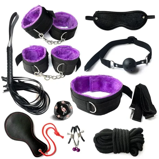 House Of Dasein Bdsm Beginners 10 Piece Bondage Restraints Starter Kit Set Pink Purple Black - Purple