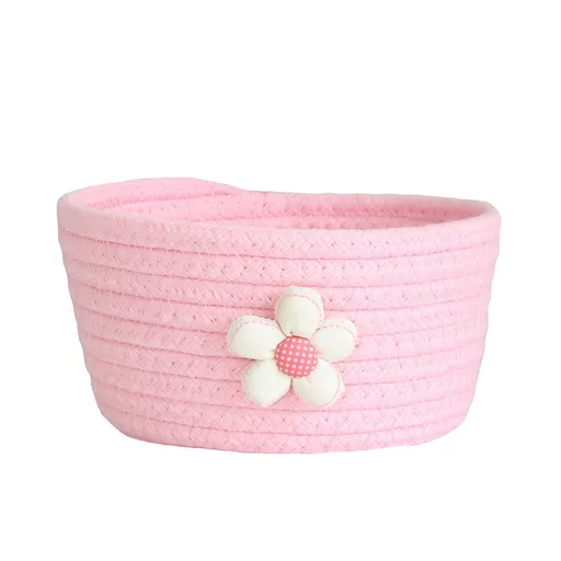 Small Woven Storage Basket, Cotton Rope Rattan Shelf Bin for Toys and Closet Organization at Home or Nursery, Pink, 16 x 8 cm