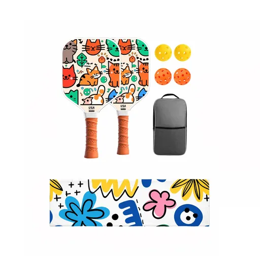 Juvenile Pickleball Paddle Set with Cooling Towel (Meow Paradise) , Cartoon Junior Paddles, Carry Bag and Indoor/Outdoor Balls for Children