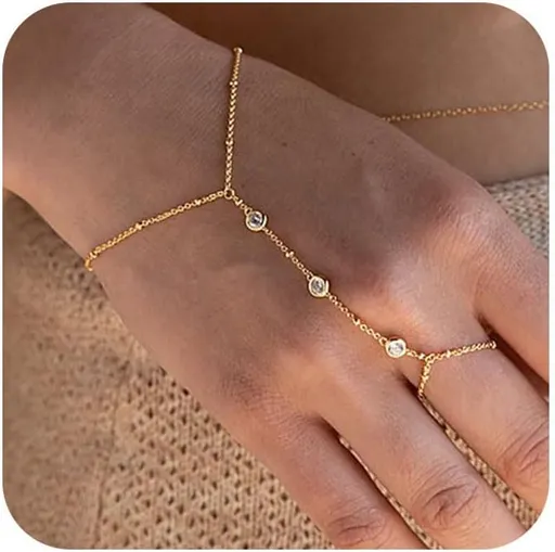 Hand Chain Bracelet 14K Plated Gold Bracelet Stack Finger Ring for Women Adjustable Rhinestone Ring Bracelet Hand Chain for Women Trendy Jewelry Non Tarnish Gold Ring Hand Bracelet Gold