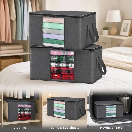 6 Pack 84L Large Bedding Storage Bags Black Zipper, Multi-Pack For Thick Coat & Quilt Sorting