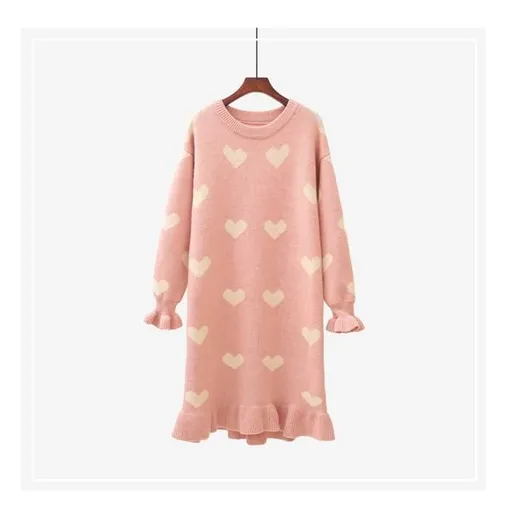 House Of Dasein Sweet Heart Loose Comfy Long Knitted Sweater Dress - Pink