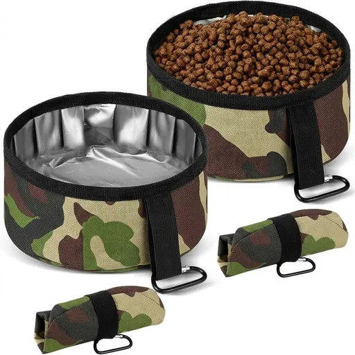 Durable Oxford Fabric Collapsible Dog Bowl, Portable Foldable Pet Food and Water Container for Outdoor Adventures, Camping, and Daily Walks with Convenient Carabiner Clip, Large Capacity Travel Bowl for Dogs and Cats (L, Camo)