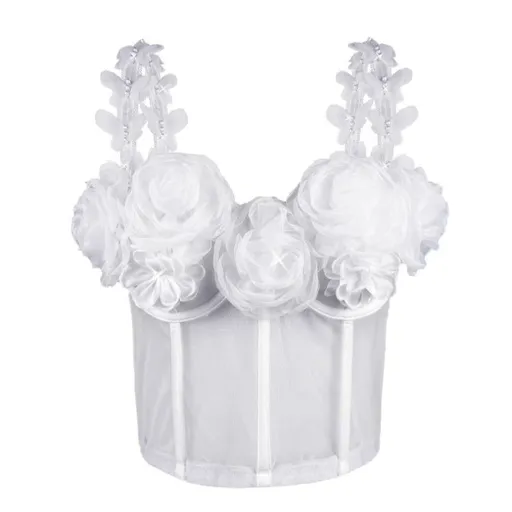 House Of Dasein French Style Charm Strapless Top Women's Outerwear Vintage 3D Pearl Flower Boned Bustier Blouse - White - 36B/80