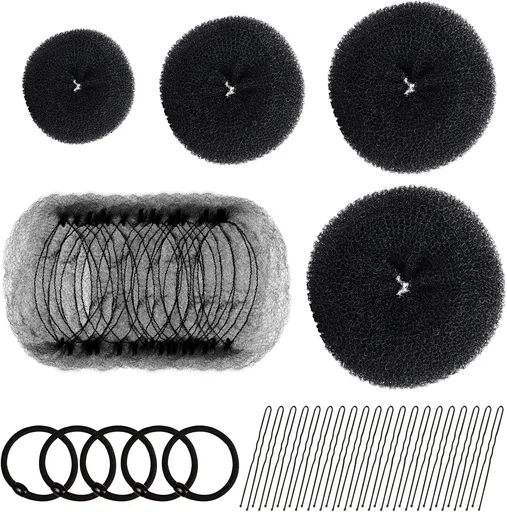 Hair Donut Bun Maker Set - 4 Bun Shapers, 20 Invisible Nets, 5 Elastics, 20 Bobby Pins (Black)