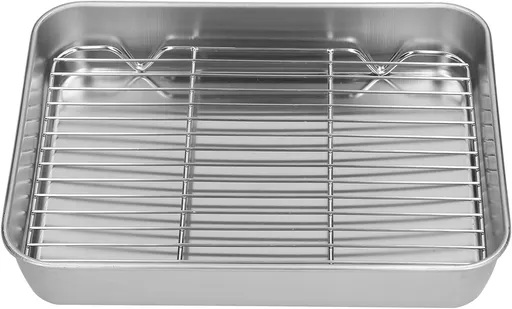 Broiler Pan for Oven, Rectangular Tray Deepened Kitchen Bakeware Rack Roaster Refrigerated Crisper Chassis Grid Roasting Pans Cookie Nonstick Cake Pastry with Grill Set (10.43x8.07x1.96 Inch)
