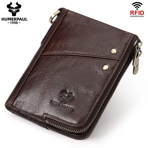 men's genuine leather wallet, RFID blocking wallet, double zipper coin purse, multiple card slots wallet, men's accessory, Australian wallet, leather coin purse, secure wallet men - Mocha - Size M