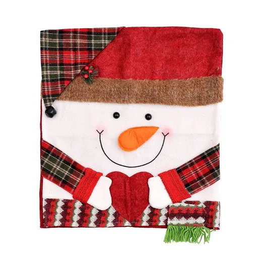 Snowman Christmas Chair Cover, 1 Pack Xmas Dining Chair Slipcover, Plaid Fabric Chair Back Cover for Holiday Dinner Party Decor