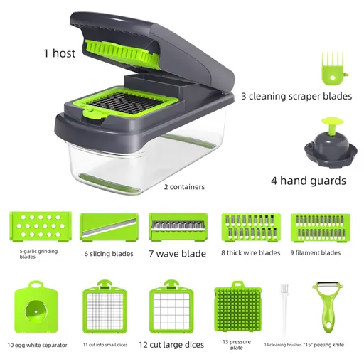 Green Multifunctional Vegetable Slicer – Manual Kitchen Cutter with Adjustable Blades for Slicing, Dicing, Shredding, Garlic Grinding, and Egg White Separation