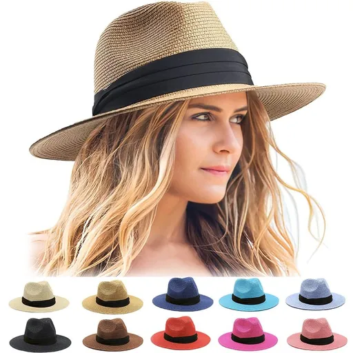 Womens Mens Wide Brim Straw Panama Hat Fedora Summer Beach Sun Hat UPF Straw Hat for Women