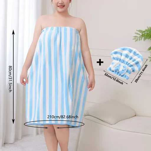 Blue Coral Fleece Bath Skirt with Matching Hair Towel – Soft Absorbent Wrap Dress for Women, Quick-Dry Shower Robe Set with Elastic Waistband and Adjustable Fit