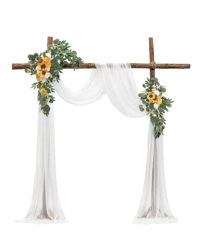 Yellow Artificial Wedding Arch Flower Kit with Sheer Drape (3-Piece Set) - 2 Floral Arrangements & 1 Drape Panel for Ceremony Arch, Reception Backdrop & Bouquet Decor