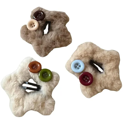 3 Pack Plush Star Button Hair Clips for Women Winter, Faux Fur Hair Clamps for Bangs Fringe Holders Hair Accessories (Mix)