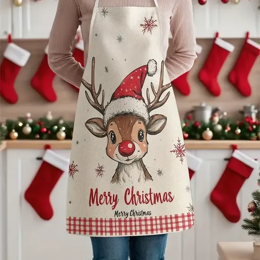 Christmas Reindeer Print Apron – Red & White Gingham, Stain-Resistant, Adjustable Neck Strap, Perfect for Holiday Baking, Parties & Kitchen, Cute Festive Gift for Family & Friends