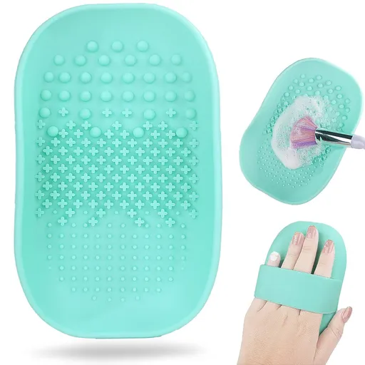Silicon Makeup Brush Cleaning Mat Makeup Brush Cleaner Pad with Back Strap Cosmetic Brush Cleaning Mat Portable Washing(Green)