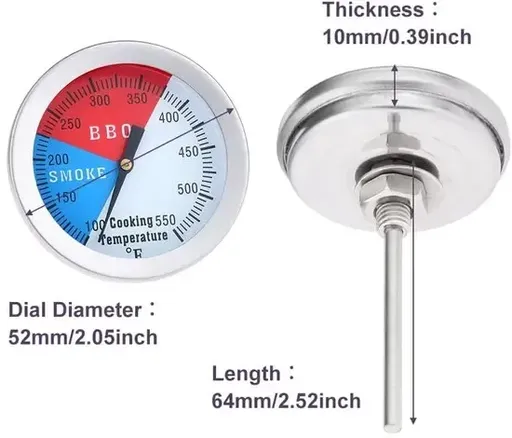BBQ Grill Thermometer, Stainless Steel Large-Display Temperature Gauge for Smokers and Charcoal Grills, Silver, 52 mm