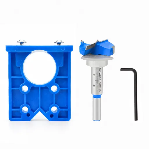 Hinge Hole Locator Kit with 35mm Forstner Bit and Hex Wrench for Cabinet Door Installation, Woodworking Drilling Guide for Hand Drills and Drill Presses (Blue)
