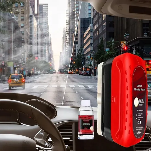 Automotive Oil Film Cleaning Brush, CarGlass Cleaner with Anti-Rain & Anti-Fog Coating for Car Windows & Windshields, Includes 1 Refill Bottle, Light Red