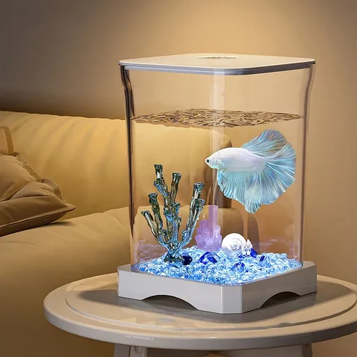 Mini Desktop Aquarium with LED Light, 17.7x11.8 cm/7x4.6 in, Self-Cleaning, Rotary Ecology Fish Tank for Beginners