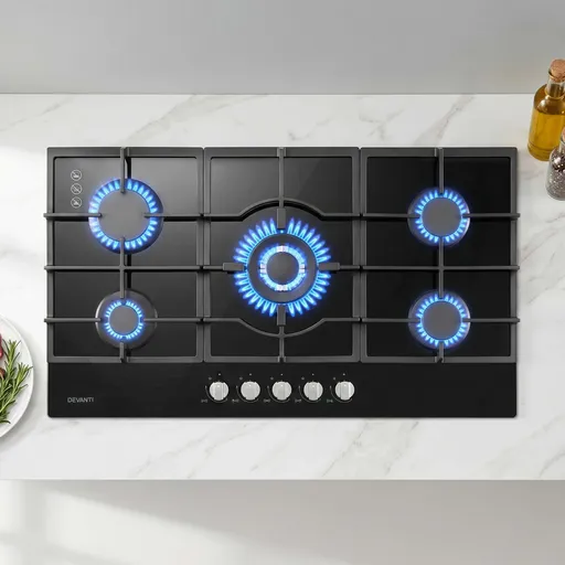 Devanti 90cm Gas Cooktop 5 Burner LPG NG Tempered Glass Hob Black