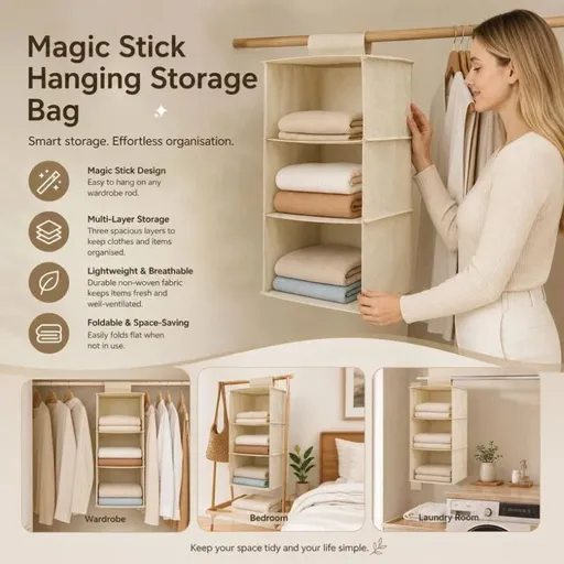 Cotton Linen Hanging Wardrobe Organiser, 3 Tier, Beige, Practical Robe Sorter
