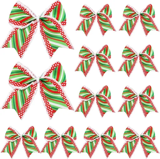 12 Pcs Red Green Christmas Bows Decoration 6 Inch Large Christmas Wreaths Bows Xmas Tree Dot Ribbons Ornaments for Garland Wedding Party(Red and Green,Stripe Pattern)
